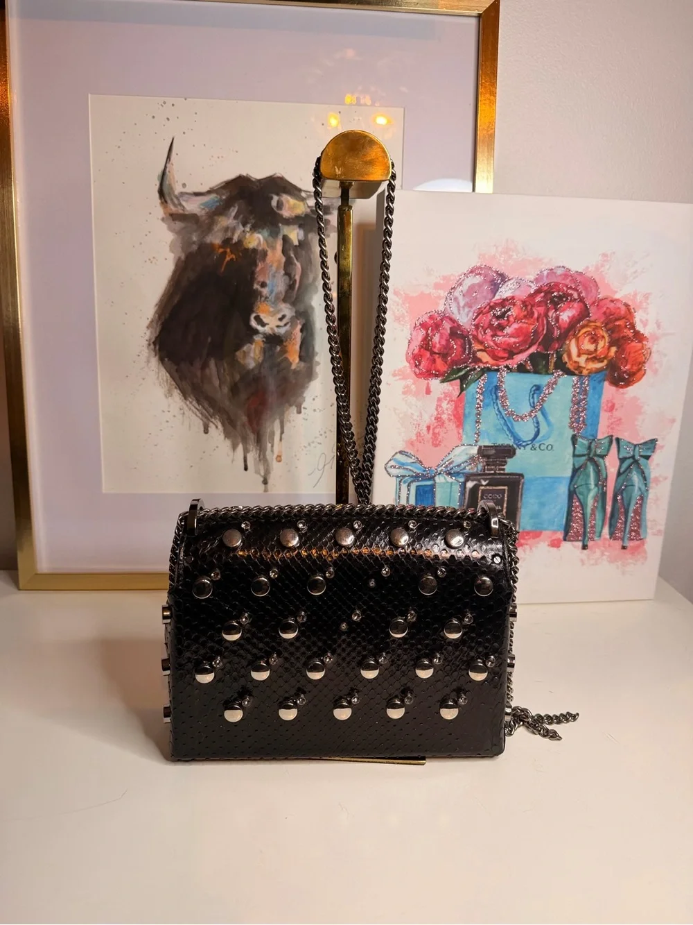 Authentic Jimmy Choo Studded Chain Lockett Bag with Black Snakeskin leather